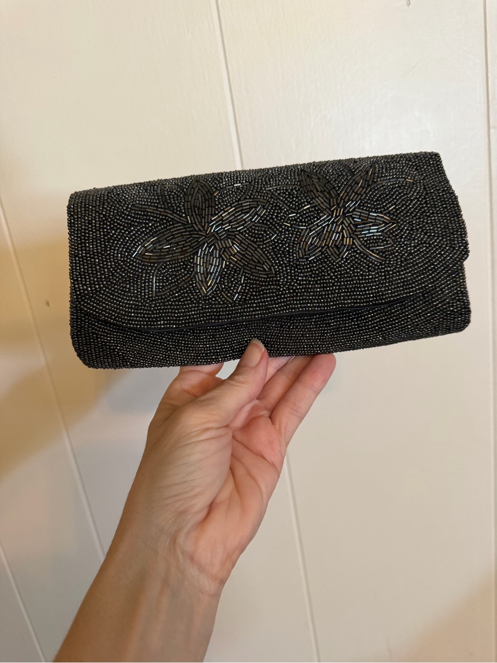 Beaded Floral Charcoal Evening Clutch